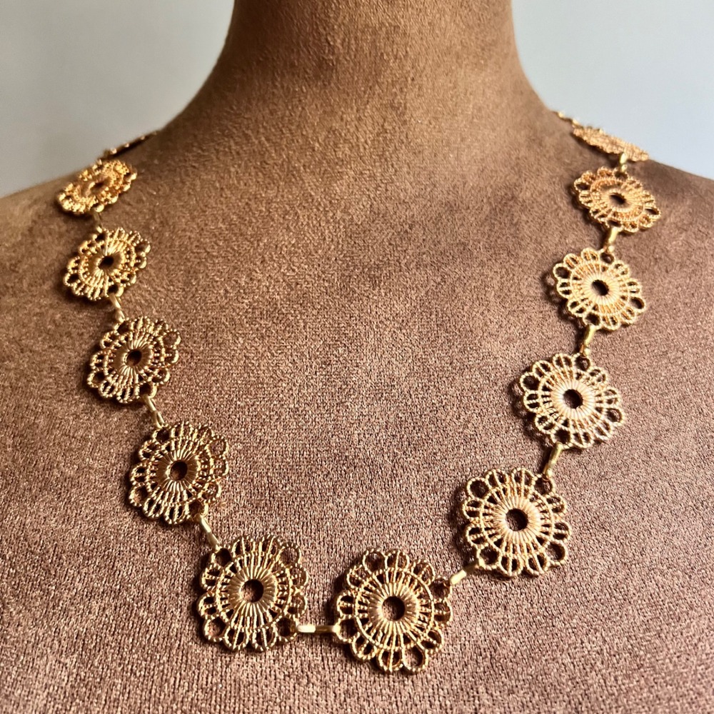 Gold Filigree Flower Medallion Statement Necklace 23-34" Adjustable Cottagecore